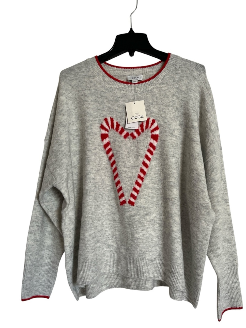 CeCe Women’s Light Heather Gray Candy Cane Heart Holiday Sweater Size XL Cozy